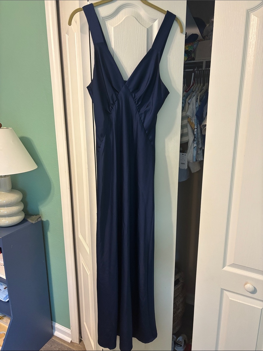 House of Harlow 1960 Navy Satin V-Neck Slip Dress